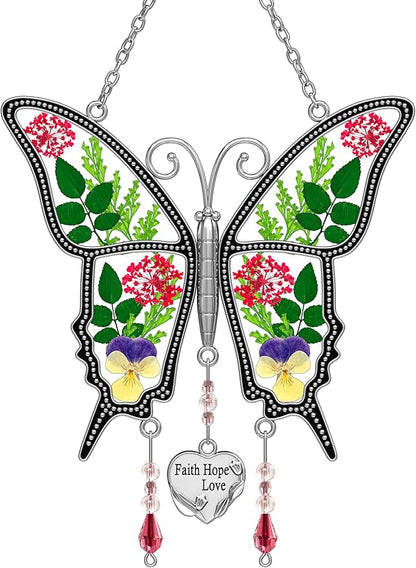 KY&BOSAM Butterfly Suncatcher FHL Stained Glass for Windows Hangings Wind Chimes with Pressed Flower and Metal Heart Charm Gift for Mom from Mothers Day Birthday Valentines Day Christmas