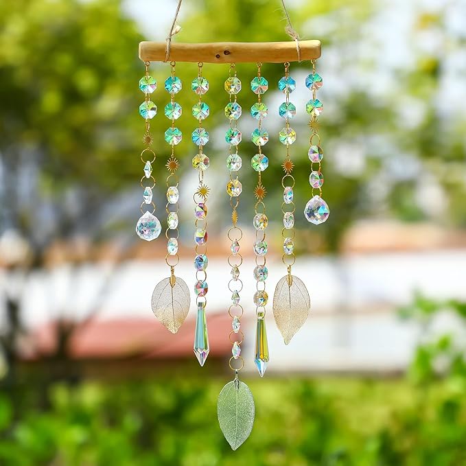 HDCRYSTALGIFTS 13inch Hanging Window Suncatcher Rainbow Maker Glass Crystal Mobile Wind Chimes with AB Prisms & Natural Leaf Drops Sun Catcher Indoor Window Home Garden Decoration Gift