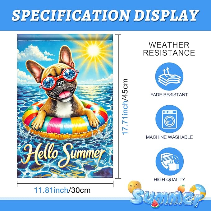 HOMETITUTE Hello Summer Garden Flag French Bulldog 12x18 Vertical Double Sided Pool Party Welcome Summer Yard Garden Flag Seasonal Holiday Outdoor Decorative Flag for Patio Lawn