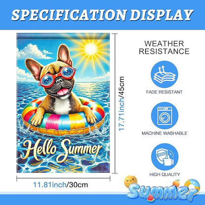 HOMETITUTE Hello Summer Garden Flag French Bulldog 12x18 Vertical Double Sided Pool Party Welcome Summer Yard Garden Flag Seasonal Holiday Outdoor Decorative Flag for Patio Lawn