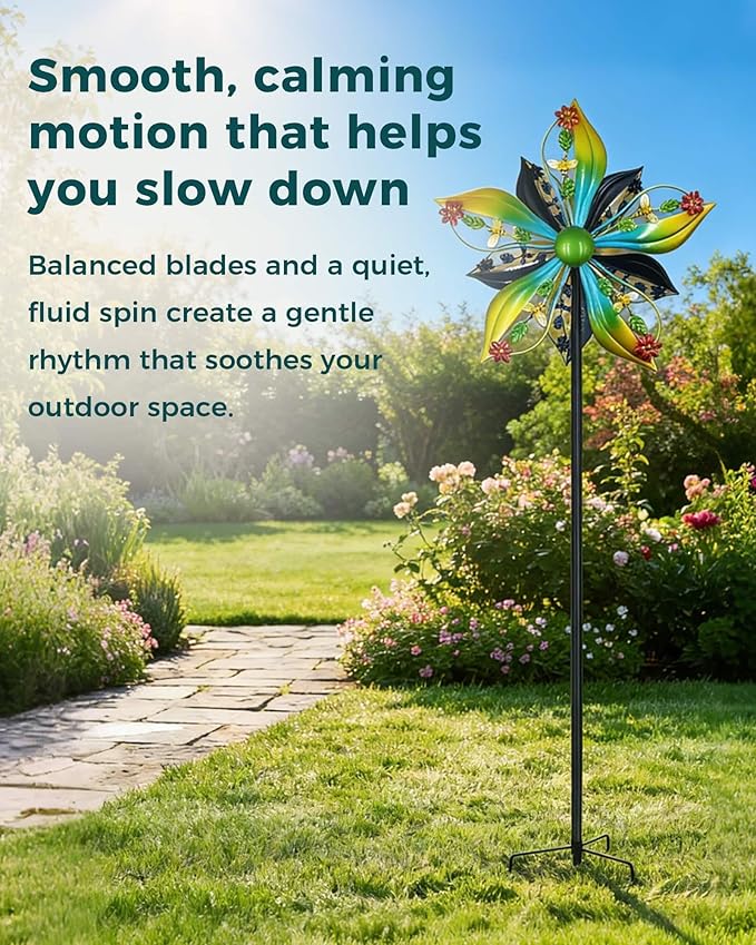 Wind Spinners Outdoor,Kinetic Wind Sculptures & Spinners, 57" Double-Side Metal Wind Spinner for Yard and Garden, Lawn Art Decorations Flower & Bee