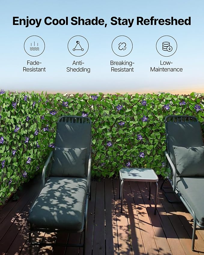 VEVOR Expandable Fence Privacy Screen, 25.5 x 122 in Expand Artificial Plant Wall, Realistic Artificial Ivy Panel with 50 Zip Ties, Decorative Faux Greenery Backdrop Hedges for Balcony Patio Outdoor