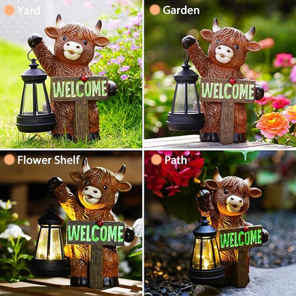 Highland Cow Decor Solar Garden Statues - Outdoor Figurines Decoration for Garden Yard Lawn Home Decor Outside : Unique Gifts for Mom Couple Grandma(Brown)