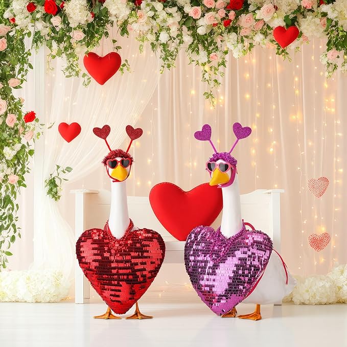 Abbylike 2 Sets Valentine's Day Porch Goose Outfits Love Heart Yard Goose Clothes Costume Fits Large 23'' Cement for Garden Yard Statue Pathway Decorations