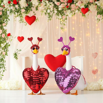 Abbylike 2 Sets Valentine's Day Porch Goose Outfits Love Heart Yard Goose Clothes Costume Fits Large 23'' Cement for Garden Yard Statue Pathway Decorations