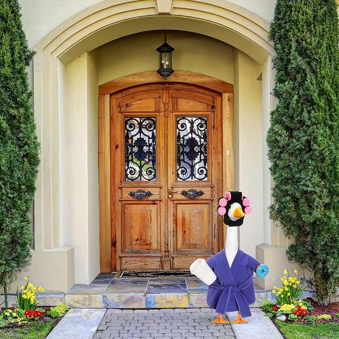 Shyyween Lady Porch Goose Outfit 23 Inch Goose Clothes Winter Porch Geese Accessories Purple Pajamas Robe Curlers and Coffee Cup for Concrete Statue Outdoor Yard Cement Geese Decoration