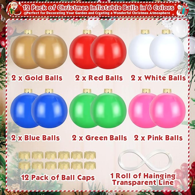 Flasoo 12 Pack Inflatable Christmas Ornaments for New Year Festive, Large Blow up Christmas Balls for Front Door Yard Tree Hanging Decoration (9 Inch)