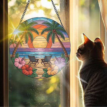 VAIIEYO Beach Sun Catcher Stained Glass Window Hanging Ornament, Handmade Summer Sun Catcher Chair Decoration with Hooks for Window Garden Home, Mother's Day & Birthday Housewarming Gift (7.8 inch)
