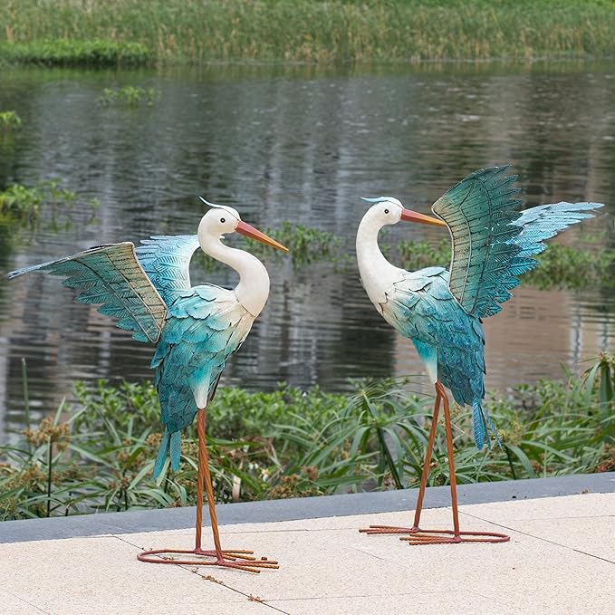Natelf Garden Decor Blue Heron, Large Standing Metal Crane Garden Statue, Yard Art Lawn Ornaments for Yard Patio Porch Outside Decorations