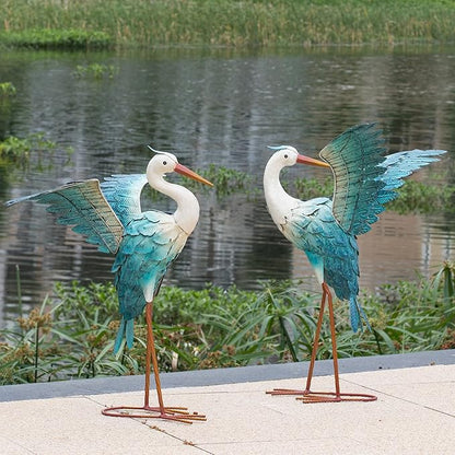 Natelf Garden Decor Blue Heron, Large Standing Metal Crane Garden Statue, Yard Art Lawn Ornaments for Yard Patio Porch Outside Decorations