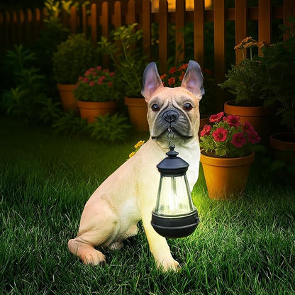 Outdoor French Bulldog Dog Statue with Interchangeable Welcome Sign and Detachable Solar Lantern –LED Light Garden Dog Sculpture Décor, Cute Puppy Design for Yard, Porch, Gift