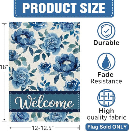 Dyrenson Blue Floral Welcome Decorative Garden Flag, Watercolor Rose Peony Flowers Yard Outside Home Decoration, Spring Summer Burlap Outdoor Small Decor Double Sided 12 x 18