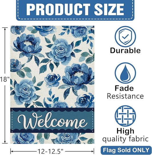 Dyrenson Blue Floral Welcome Decorative Garden Flag, Watercolor Rose Peony Flowers Yard Outside Home Decoration, Spring Summer Burlap Outdoor Small Decor Double Sided 12 x 18