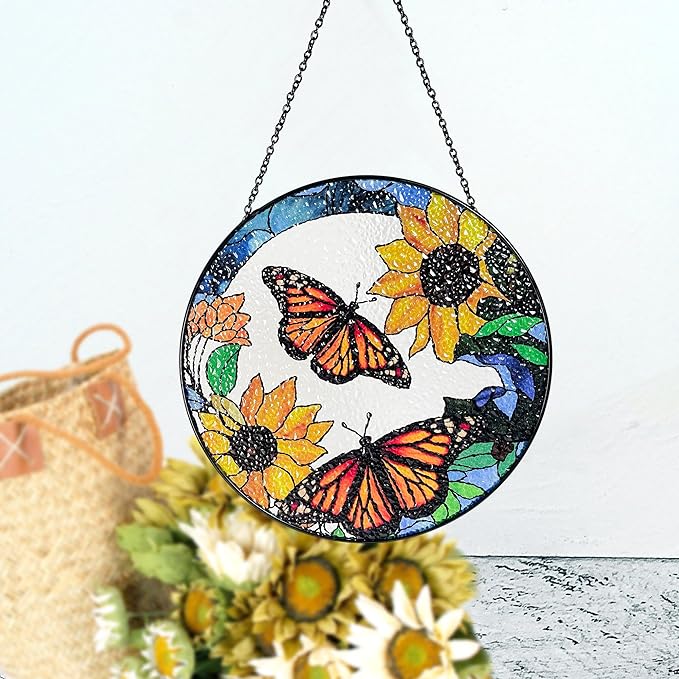 Large Monarch Butterflies and Sunflowers Stained Glass Suncatcher, Handmade Window Hanging Wall Art with Chain, Real Glass Indoor Home Decor, Unique Sun Catcher Gift for Women, Christmas, 9.8”