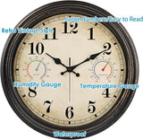 16 Inch Large Outdoor Clock with Thermometer and Hygrometer Combo, Waterproof Indoor Outdoor Wall Clocks for Patio, Pool, Garden, Backyard Decor- Retro Bronze