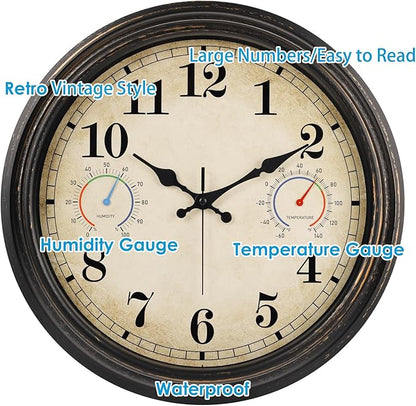 16 Inch Large Outdoor Clock with Thermometer and Hygrometer Combo, Waterproof Indoor Outdoor Wall Clocks for Patio, Pool, Garden, Backyard Decor- Retro Bronze