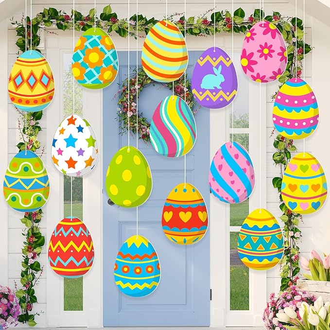 Ferraycle 16 Pcs Easter Decorations Outdoor Easter Eggs Hanging Yard Signs 7.9 Inch Large Colorful Egg Shaped Double Sided Plastic Slices Ornaments for Tree Porch Yard Outside Party Decor(Floral Egg)