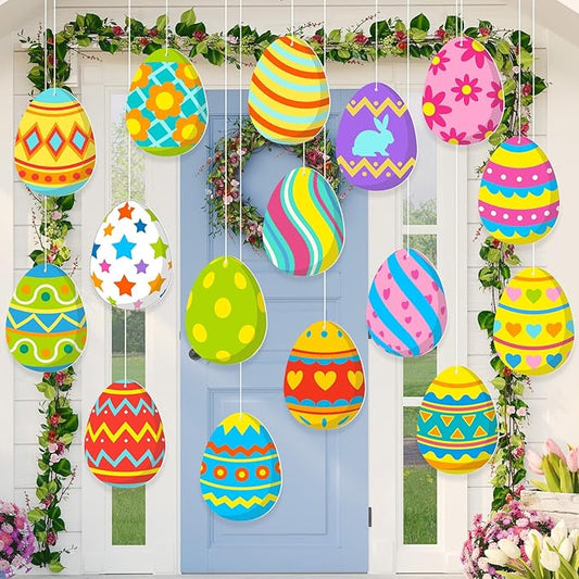 Ferraycle 16 Pcs Easter Decorations Outdoor Easter Eggs Hanging Yard Signs 7.9 Inch Large Colorful Egg Shaped Double Sided Plastic Slices Ornaments for Tree Porch Yard Outside Party Decor(Floral Egg)