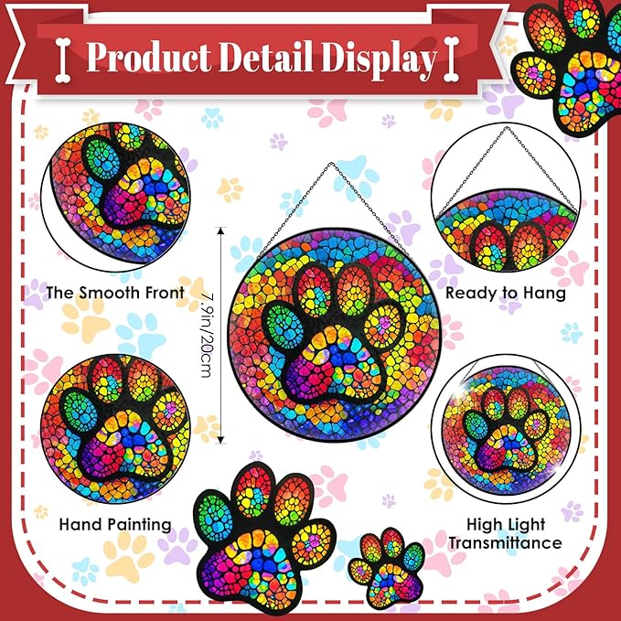 Paw Print Stained Glass Window Hanging, 7.9" Paw Print Sun Catcher Pet Memorial Suncatcher Ornament, Sun Catcher Glass Panel with Chain, Dog Memorial Gifts for Mom Grandma, Pet Lovers Gifts