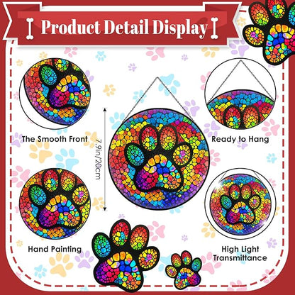 Paw Print Stained Glass Window Hanging, 7.9" Paw Print Sun Catcher Pet Memorial Suncatcher Ornament, Sun Catcher Glass Panel with Chain, Dog Memorial Gifts for Mom Grandma, Pet Lovers Gifts