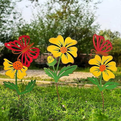 3 Pack Butterfly&Flower Metal Flowers for Outside & Decorative Garden Stakes - Metal Yard Art Outdoor and Garden with Rustproof Design | Spring Lawn Ornaments for Porch,Backyard，Patio