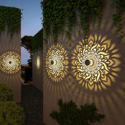 gardencave 4 Pack Solar Fence Lights Metal Solar Powered Outdoor Wall Deck Step Lights Mandala Theme Waterproof Fence Light for Garden Post Patio Backyard Decor (4 Pack)