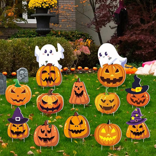 Amyhill 12 Pcs Halloween Pumpkin Yard Signs for Outdoor Halloween Ghost Jack O Pumpkin with Witch Hats Lawn Stakes Spooky Trick or Treat Yard Decorations for Garden Prop Home Party Decor
