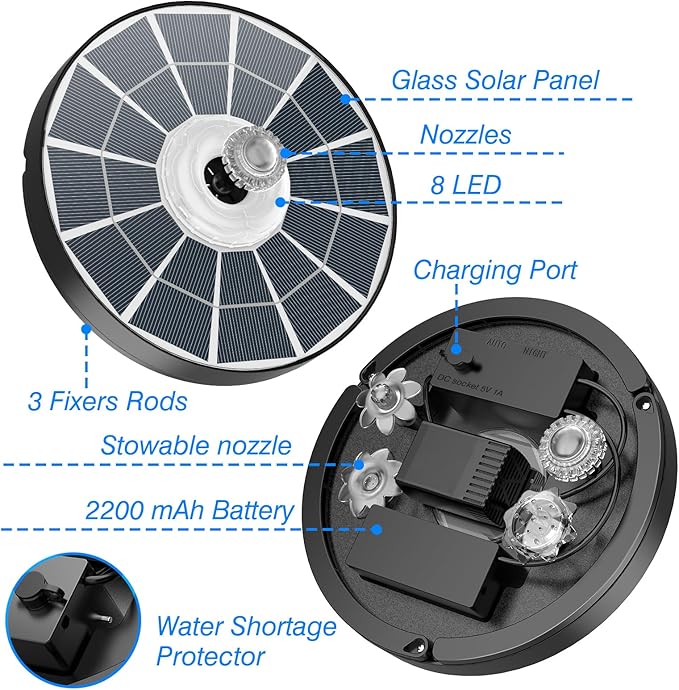 AISITIN 4W Solar Fountain with Lights, Chargeable Solar Bird Bath Fountains Built-in 2200mAh Battery, 2026 Upgrade Glass Panel Solar Water Pump for Bird Bath, Garden, Pond, Pool, Fish Tank, Aquarium