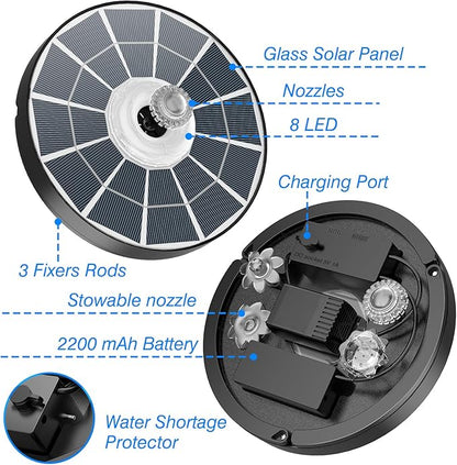 AISITIN 4W Solar Fountain with Lights, Chargeable Solar Bird Bath Fountains Built-in 2200mAh Battery, 2026 Upgrade Glass Panel Solar Water Pump for Bird Bath, Garden, Pond, Pool, Fish Tank, Aquarium