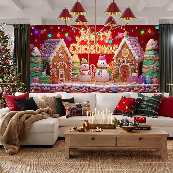 HOMETITUTE Christmas Garage Door Cover 13x6ft Snowman Gingerbread House Holiday Banner Red Background Colorful Lights Gift Boxes Seasonal Backdrop Outdoor Indoor Winter Party Festive Wall Porch