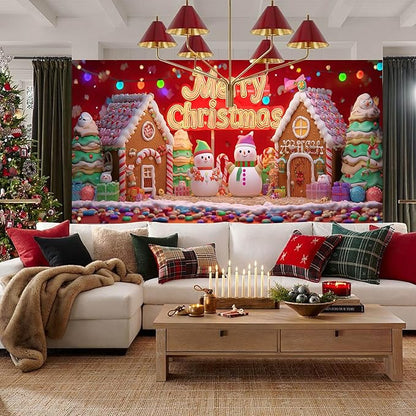 HOMETITUTE Christmas Garage Door Cover 13x6ft Snowman Gingerbread House Holiday Banner Red Background Colorful Lights Gift Boxes Seasonal Backdrop Outdoor Indoor Winter Party Festive Wall Porch
