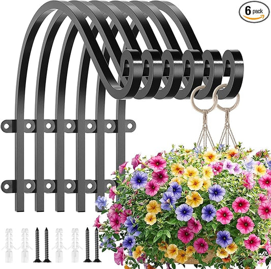 EPHECH 6 Pack Heavy Duty Plant Hanger Hook for Outdoor and Indoor, 16Inch Wall Hanging Basket Bracket, Black Metal Outdoor Hanging Bracket for Hanging Flower Pot Bird Feeder Lanterns