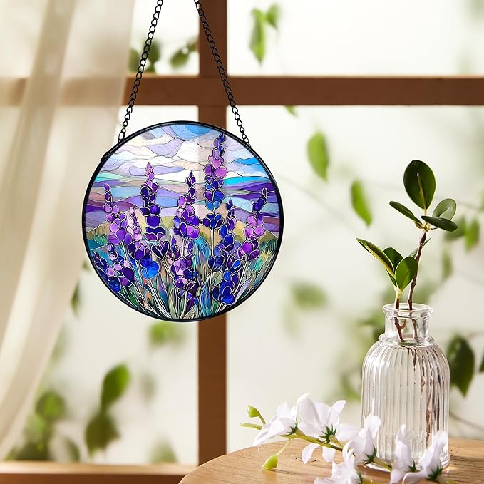 Lavender Flower Suncatchers Stained Glass Window Hanging, Flower Sun Catchers Indoor Window Glass Round Wall Decor, Purple Lavender Floral Wall Decor 7.9x7.9in