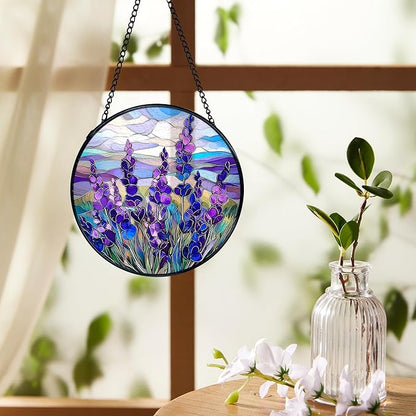 Lavender Flower Suncatchers Stained Glass Window Hanging, Flower Sun Catchers Indoor Window Glass Round Wall Decor, Purple Lavender Floral Wall Decor 7.9x7.9in