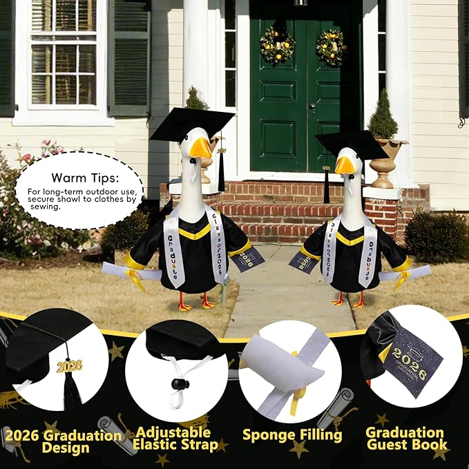 Porch Goose Graduation Outfit Fits 23 Inch Cement or Plastic Geese, Complete Porch Goose Clothes Set with Cap, Gown, Stole, Book & Memory Book for Graduation Party Outdoor Yard Lawn Classroom Decor