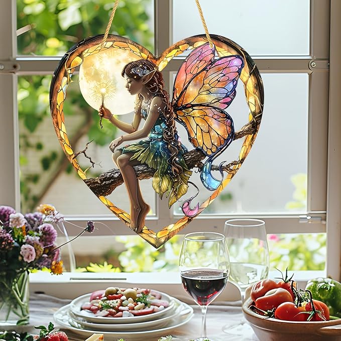 1PC Flower Fairy Acrylic Stained Glass Suncatcher Nature Heart-Shaped Magic and Butterfly Girls Suncatcher Hanging Decoration with Cord SunCatchers for Window Decor Outdoor Garden Decor Gift (Yellow)