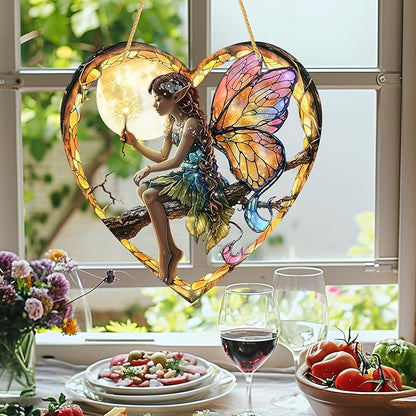 1PC Flower Fairy Acrylic Stained Glass Suncatcher Nature Heart-Shaped Magic and Butterfly Girls Suncatcher Hanging Decoration with Cord SunCatchers for Window Decor Outdoor Garden Decor Gift (Yellow)