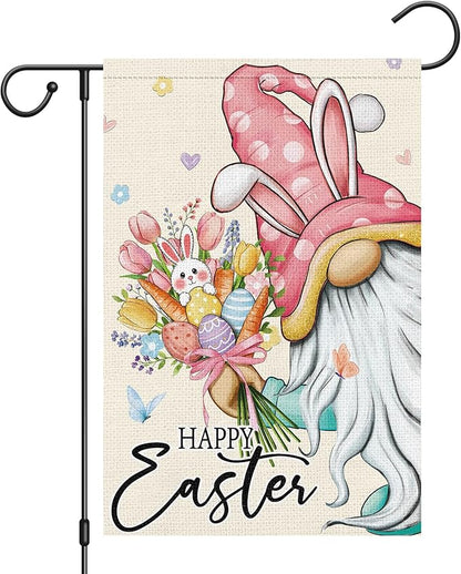 Heyfibro Happy Easter Bunny Gnome Garden Flag 12x18 Double Sided Burlap, Cute Rabbit & Egg Floral Outdoor Yard Banner for Spring Holiday Farmhouse Yard Outdoor Decor(ONLY FLAG)