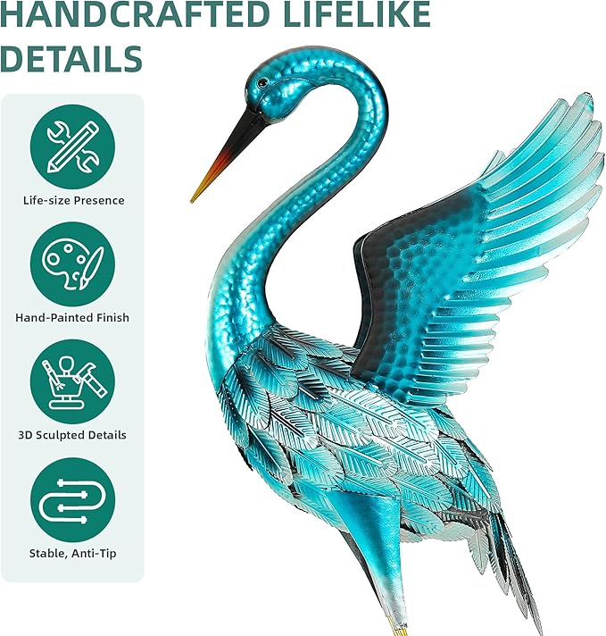 Extra-Large Blue Heron Decor, Handcrafted 47.5" Metal Crane Statue with Stable U-Ground Stakes, Backyard Decoration, Metal Garden Bird Animal Yard Art, Lawn Ornament Decor