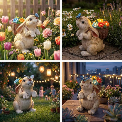 PETAFLOP Solar Bunny Garden Decor, Rabbit with Flower Basket & Butterfly for Yard, Patio, Pathway, Lawn, Patio, Balcony
