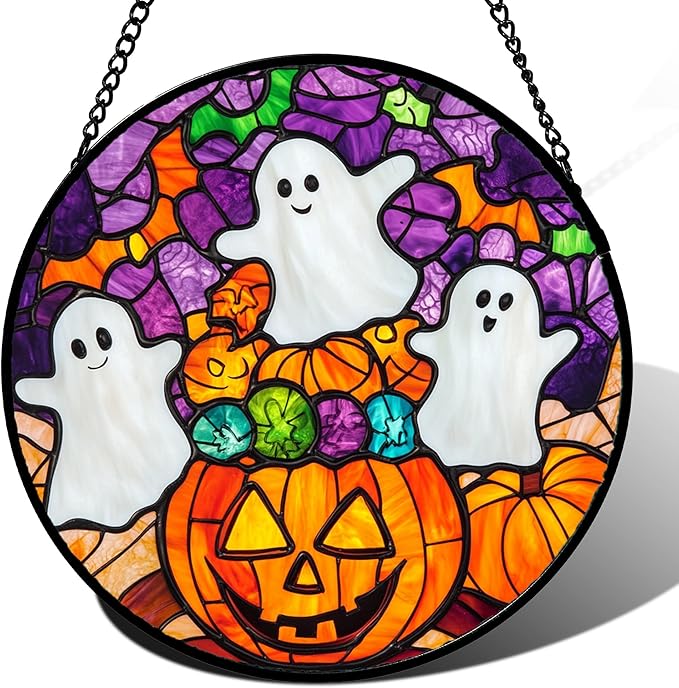 Stained Glass Window Hanging Halloween Horror Pumpkin White Ghost 11.8" - Suncatcher Door Garden Sunroom Gothic Style Sun Catcher Birthday for Friend Mom Men Woman Nana
