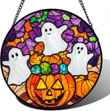 Stained Glass Window Hanging Halloween Horror Pumpkin White Ghost 15" - Suncatcher Door Garden Sunroom Gothic Style Sun Catcher Birthday for Friend Mom Men Woman Nana