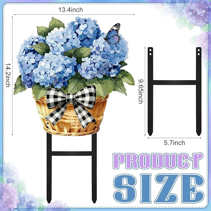 1 Pcs Spring Metal Hydrangea Garden Stakes Decor 22 Inch Decorative Purple Hydrangea Yard Stake Outdoor Floral Decor Metal Garden Art Ornaments for Patio Porch Lawn Backyard