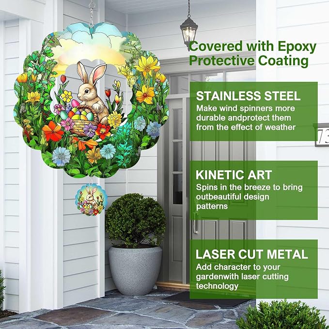 Easter Bunny Wind Spinners Outdoor Hanging Ornament Gifts, 12 inch 3D Eggs Easter Wind Kinetic Sculpture for Outdoor & Indoor, Yard Art, Garden Decoration