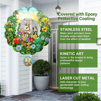 Easter Bunny Wind Spinners Outdoor Hanging Ornament Gifts, 12 inch 3D Eggs Easter Wind Kinetic Sculpture for Outdoor & Indoor, Yard Art, Garden Decoration