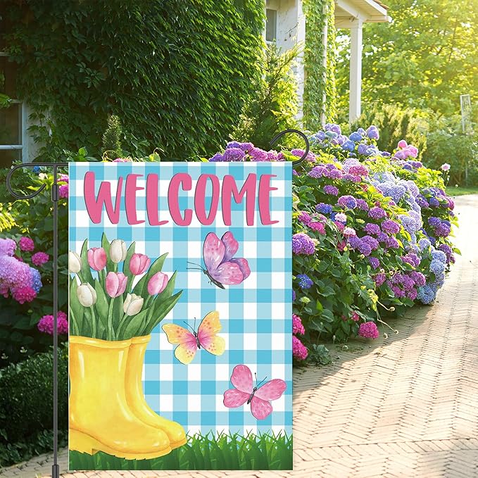 Spring Garden Flag 12"x18" Welcome Yellow Rain Boots with Pink Tulips Butterflies Blue Gingham Background Double Sided Outdoor Yard Porch Decor