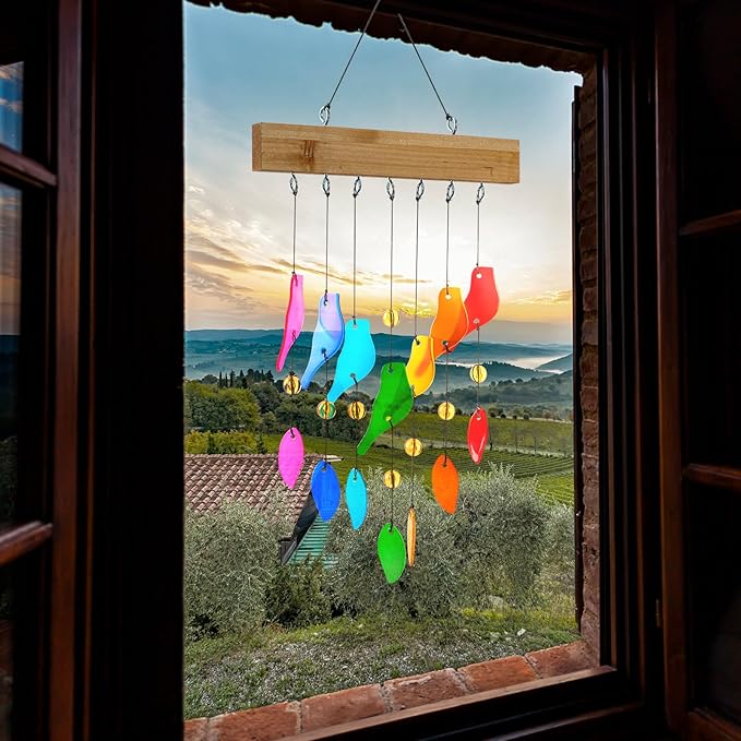 Glass Wind Chimes，Wind Chimes for Outside，Colorful Wind Chime 28" Garden Chimes for Home Patio, Housewarming Gifts for New House, Gift for Unisex (Bird)