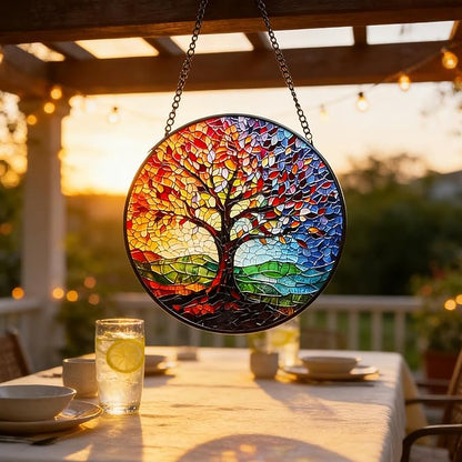Stained Glass Tree of Life Suncatcher - 7.8In Handcrafted Window Hanging & Wall Art for Home, Living Room, Garden & Outdoor Porch Decor - Birthday, for Women Mom Teacher