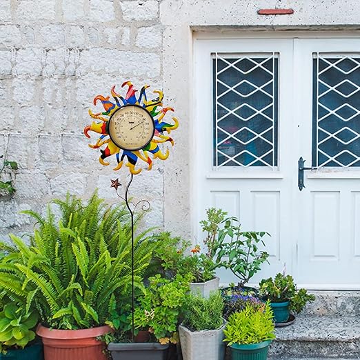 Metal Sun Thermometer Indoor Outdoor Ornament Wall Art Decor, Sun Plaque Sculpture Hanging Mounted for Living Room Bedroom Kitchen Patio for Home or Garden, No Battery Required (YELLOW SUN STAKE)