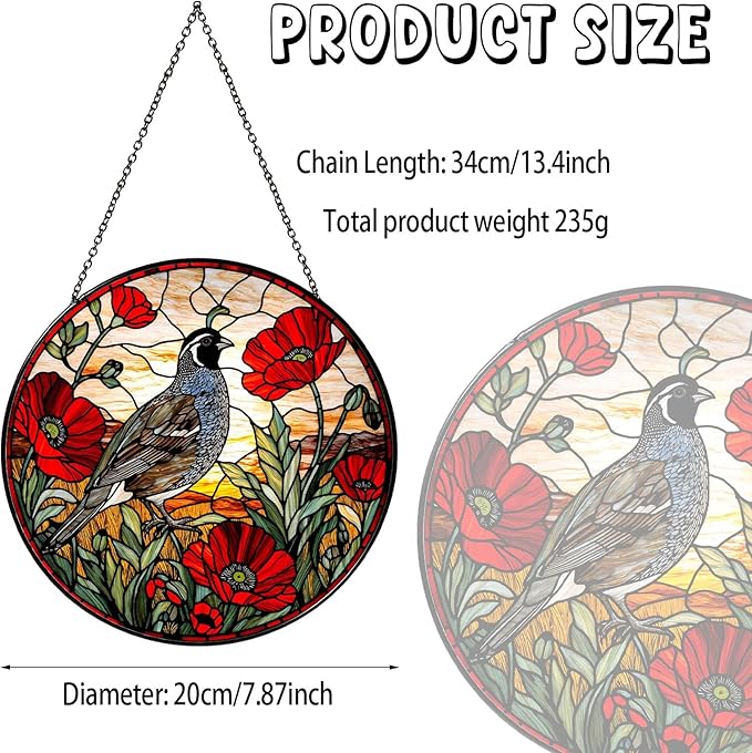 California Quail on Poppies Branch Stained Glass Window Hanging Poppies Sun Catcher Quail Gifts for Women Handmade Suncatchers Decoration for Garden Home Windows Hanging, 7.87inch